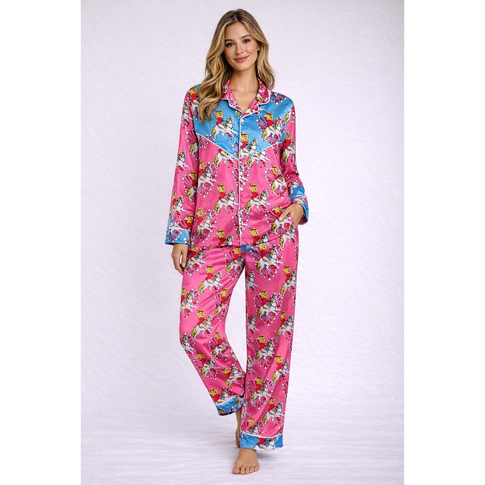 Patrick Church Pink Blue Unicorn Horse Print Satin Pajama Set Rare Print Large
